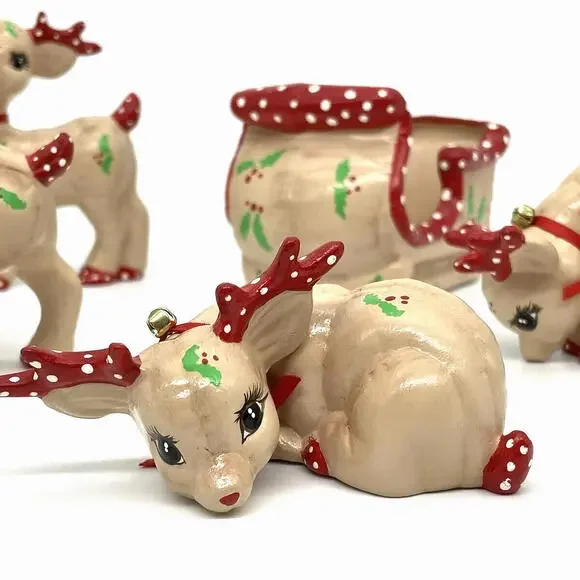 KIMPLE Christmas‎ Reindeer Sleigh Figurines Bells 5 Piece Set Vintage 1989